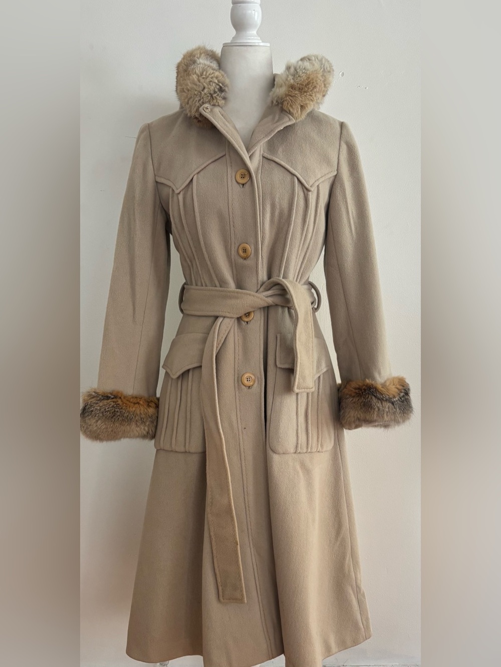 Vintage 1970s Domino Wool Princess Coat Fox Fur Small